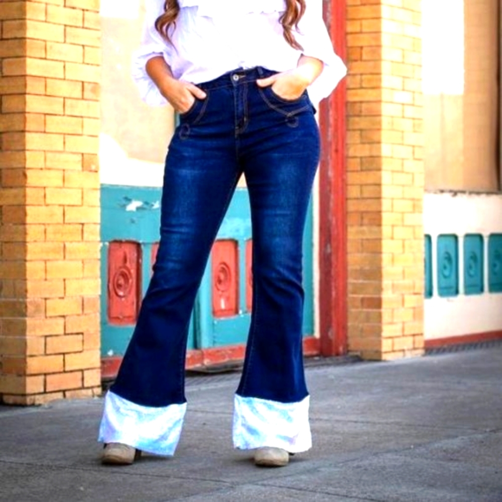 L&B Dark Wash Flare Jeans With Sequin Bottoms